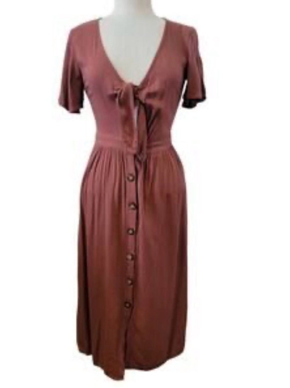 Mimi Chica Rust Terracotta Tie-Front Button Midi Dress - Picture 2 of 5
